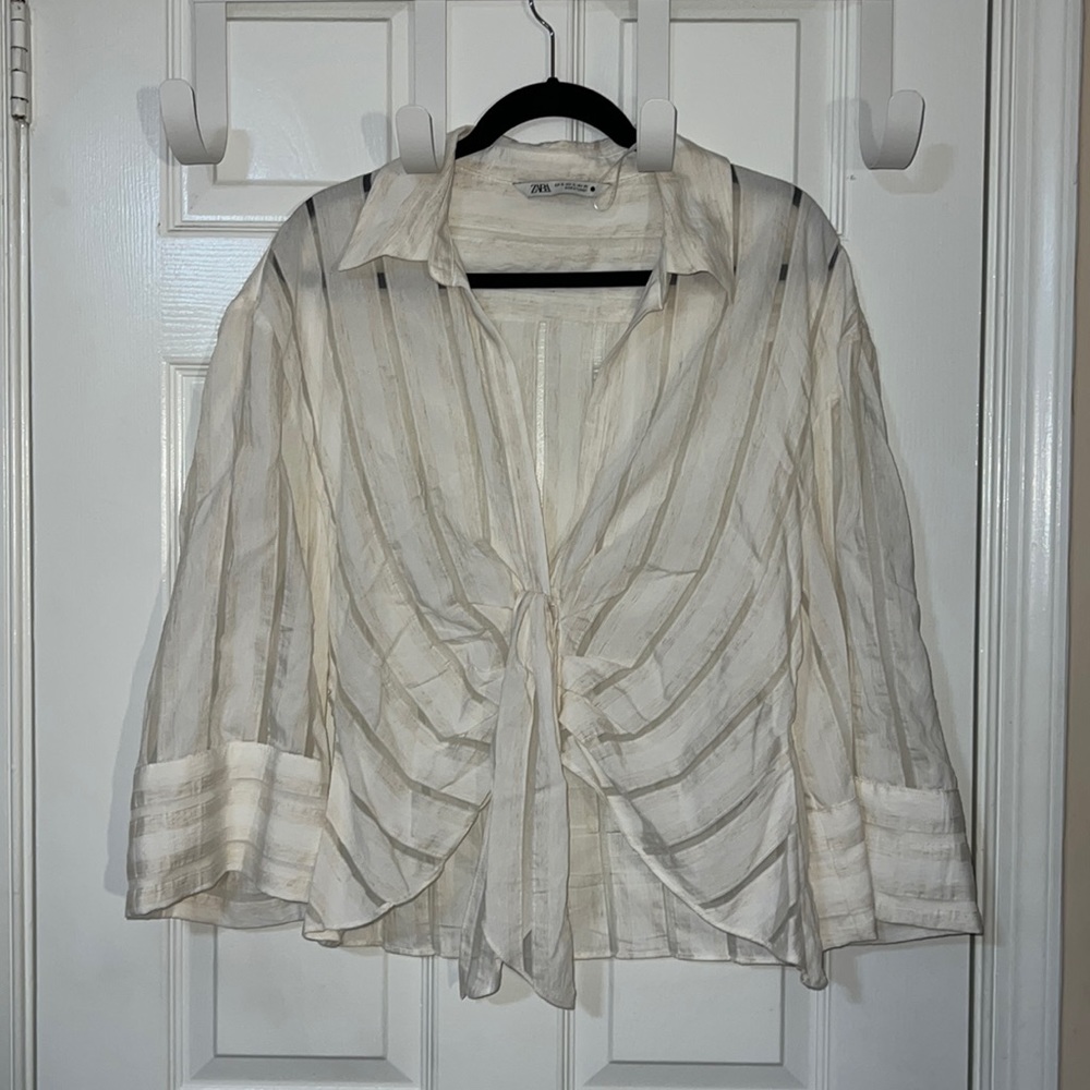 Linen Striped Shirt with Tie Front